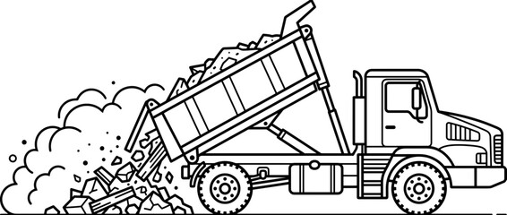 Obraz premium Dump Truck Unloading Debris and Dirt - Line Art Illustration