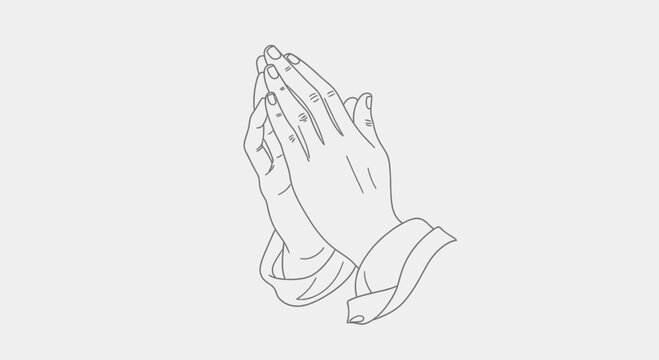 Outlined hands in prayer position on a light background symbol concept