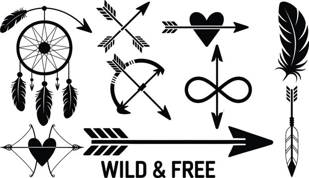Set of black silhouettes of boho style elements with word wild and free.
