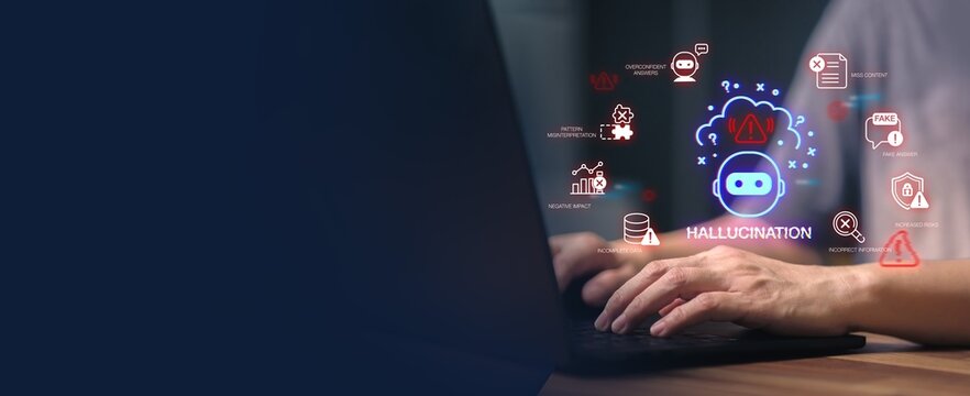 Hallucinate of artificial intelligence shows error and incorrect or misleading information with fake data on a digital screen caused by an inaccurate glitch in the algorithm.