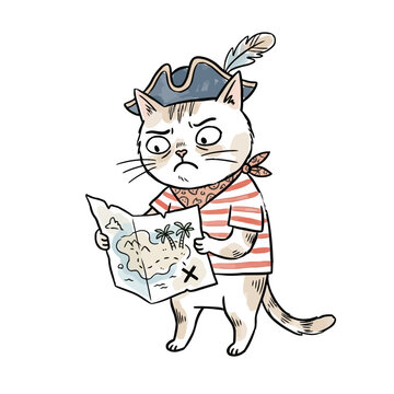 Grumpy cartoon cat dressed as pirate looking at treasure map.