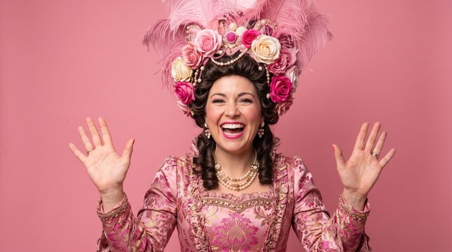 Excited young woman in vivid pink baroque rococo costume with elaborate feathered wig, roses and pearls, arms raised joyfully in ornate pink palace ballroom interior setting.