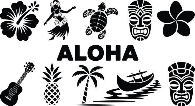 Aloha tropical vector icon set for summer vacation and hawaiian theme designs.