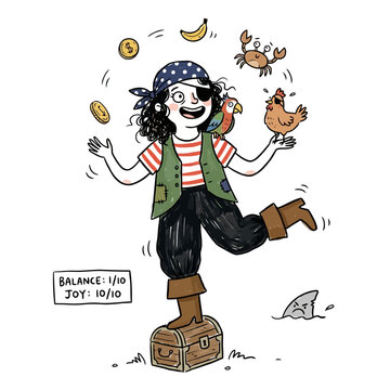 Cheerful female pirate balancing on treasure chest while juggling funny animals and objects illustration.
