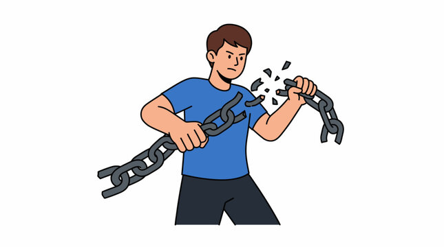 A determined man breaking heavy metal chains with his bare hands to symbolize freedom and overcoming obstacles