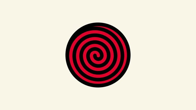 A bold red spiral circle symbol centered on a clean cream beige background with a dark black decorative band