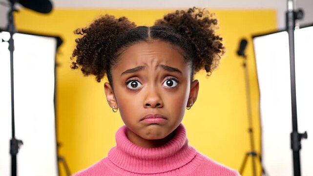 Young girl with surprised expression wearing pink turtleneck studio portrait  confused facial emotions  kid with curly hair