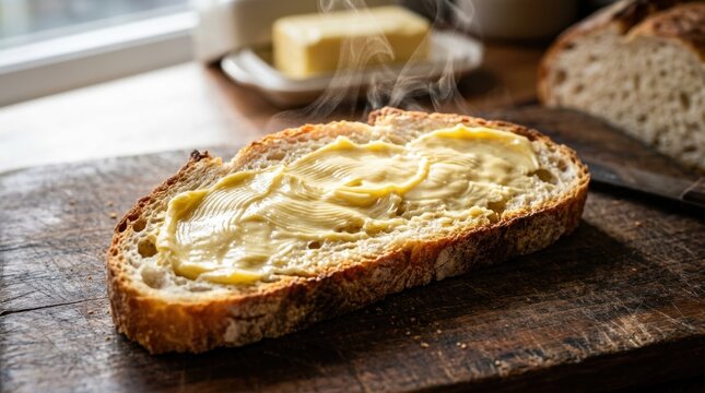 Freshly Toasted Sourdough Bread Slice with Melting Butter and Rising Steam on a Rustic Wooden Cutting Board, Appetizing Warm Breakfast Concept Close-up