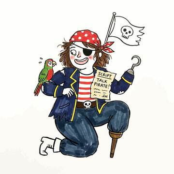 Female pirate with peg leg and hook hand holding talk pirate script paper.