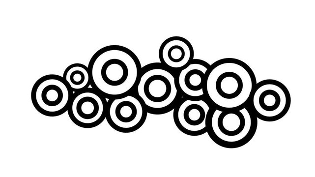 A seamless black and white pattern of overlapping concentric circles creating a flowing retro bubble texture