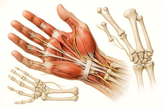 A human hand displaying exposed muscles, tendons, ligaments, nerves, and skeletal structure in an elegant exploded-view composition.
