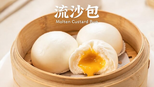Three Soft Steamed Molten Custard Lava Buns in Bamboo Dim Sum Steamer, One Bun Split Open Showing Flowing Golden Salted Egg Yolk Filling, Chinese and English Text Overlay Liu Sha Bao Traditional Canto