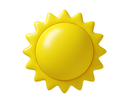 3D Sun icon in yellow smooth plastic texture, isolated on background. Symbol for child design, weather forecast, meteorology. 3d render

