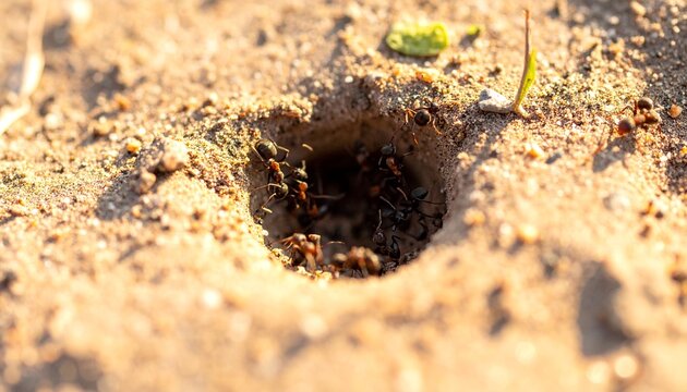 Ants entering and exiting their underground nest hole in sandy ground