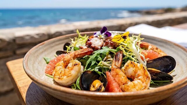 Grilled shrimp seafood salad with mussel fresh greens citrus and octopus served by ocean perfect summer meal vibrant colors healthy ingredients bright natural light