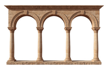 Fototapeta premium Ancient stone arcade featuring three arches and columns, designed in a classical architectural style. Transparent background
