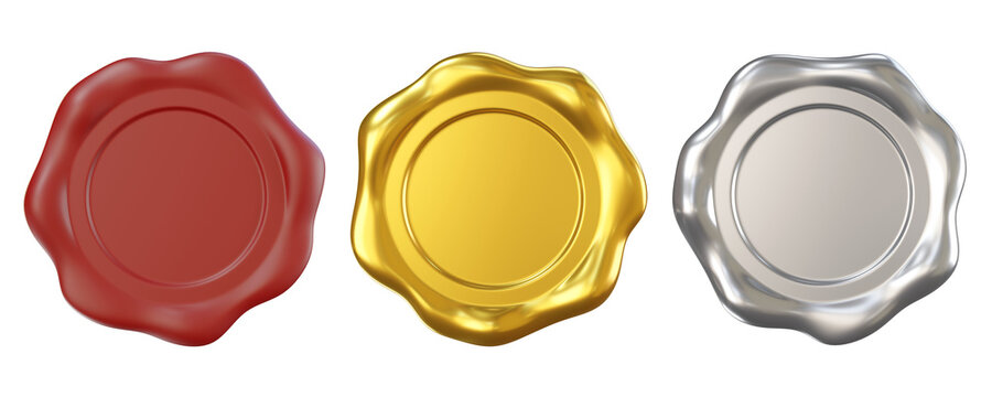 Set of wax seal with empty blank center, isolated on background. Red, gold, silver Template for badge, award, certificate, or premium label. 3D render
