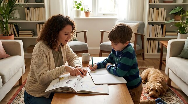 Adult helping child with homework in cozy living room with dog
