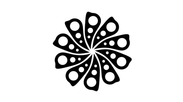 A delicate black snowflake mandala with intricate dotted petal extensions radiating outward on clean white background