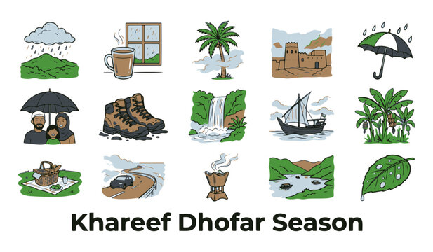 Hand Drawn Vector Icon Set for Khareef Dhofar Season with Nature and Culture Elements