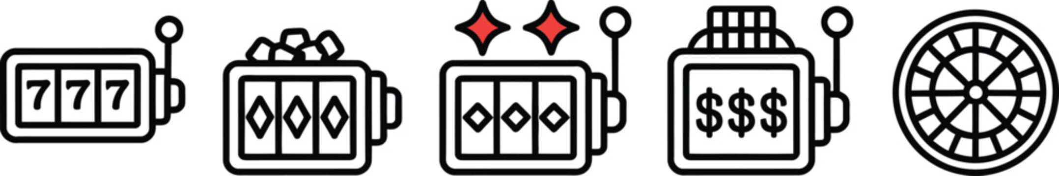 Casino slot machine and roulette wheel icons featuring lucky seven and currency symbols and games in outline style