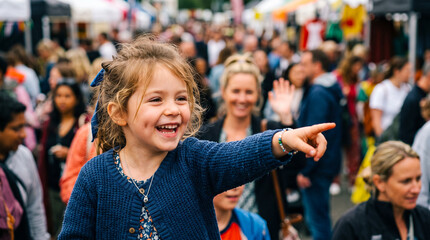 Obraz premium Excited Little Girl Pointing and Smiling in Busy Outdoor Street Market Crowd