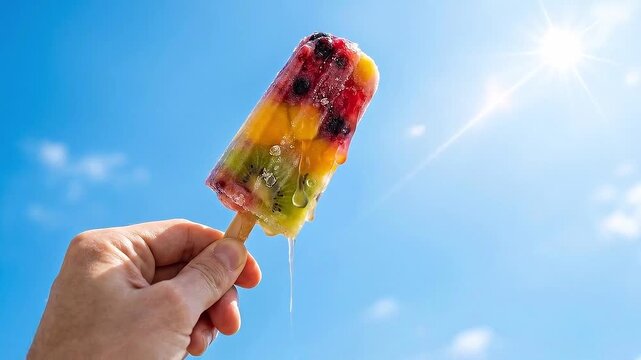 Refreshing summer vacation fruit popsicle melting under bright sun in clear blue sky, colorful frozen tropical juicy ice stick held outdoors, perfect cold dessert for warm weather fun