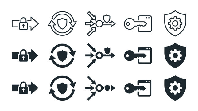 Network and digital access control icons featuring locks keys and security configuration symbols security protection