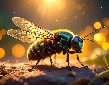 A bee stands on a rocky surface with a blurred background