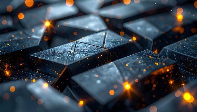A dark, blurred background features metallic, angular blocks with glowing orange specks