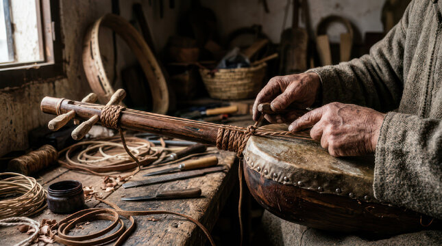 Artisan crafting traditional musical instrument with hands.