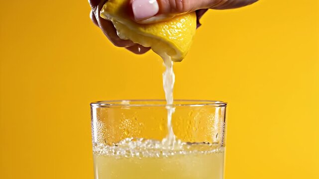 Squeezing Fresh Lemon Juice into Glass - A hand squeezes a lemon wedge over a glass, with fresh juice pouring into the beverage below.