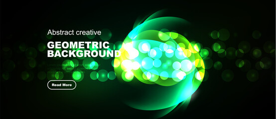 Obraz premium Bright green abstract geometric background. Glowing circles, dynamic shapes, dark backdrop. Modern design element for projects.