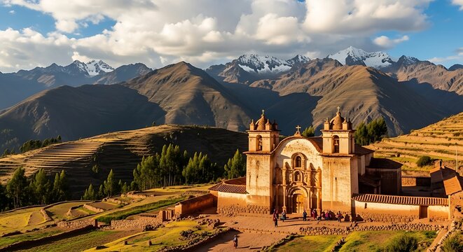 Scenic Peruvian Mountain Village with Historic Church and Mountain Range Background.