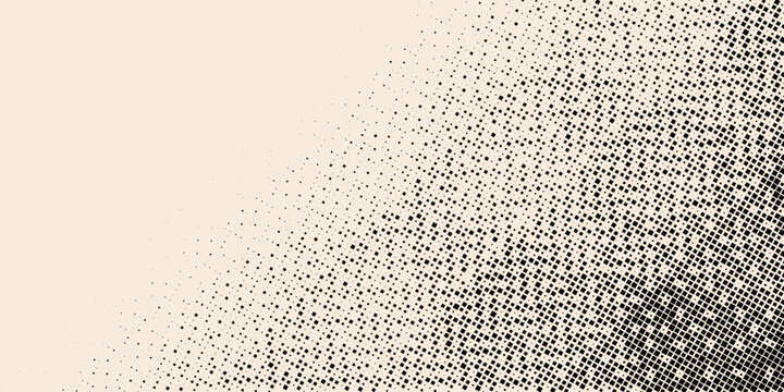 Beige pixel halftone texture featuring smooth fading square pattern. Retro comic inspired vector wallpaper for websites, presentations, flyers, brochures, and creative branding.