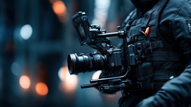 Dedicated camera operator filming dynamic urban footage with a sophisticated production rig