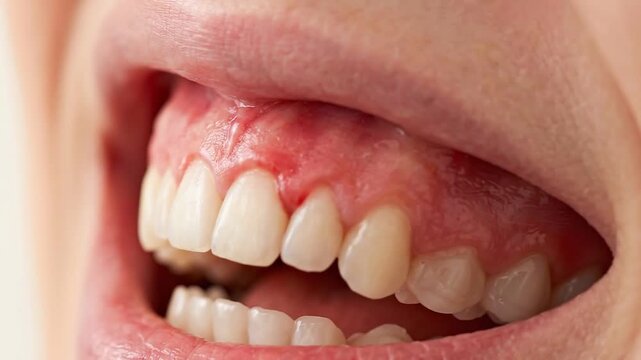 Close up gum inflammation and gingivitis showing red swelling around teeth and mouth highlighting oral health issues and importance of dental care for healthy gums