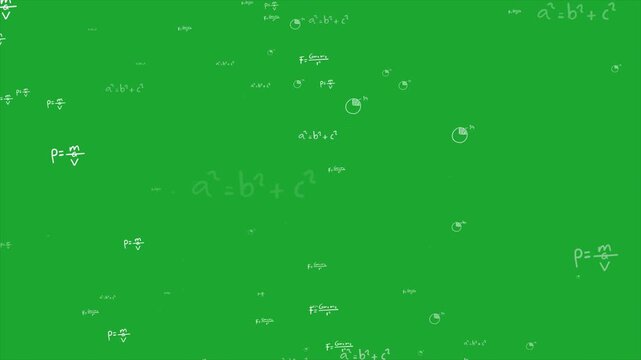 Floating Mathematical Formula Animation, Physics and Science Equations Overlay, Educational Symbols Background on Green Screen Chroma Key