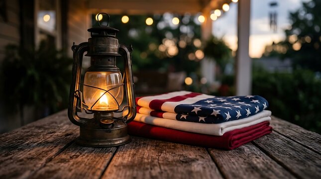 Vintage oil lantern glowing next to a folded american flag on a wooden table at night with festive string lights in the back