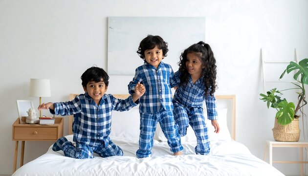 Three children in plaid pajamas joyfully jump