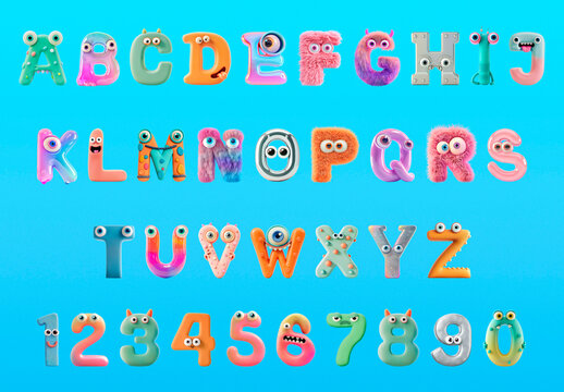 Colorful Monster Alphabet Numbers Font Set