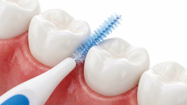 Interdental brush cleaning between tooth spaces reduces gum inflammation and gingivitis while promoting dental care and oral hygiene for healthier gums and fresh breath daily routine