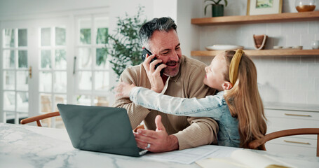Obraz premium Businessman, hug and phone call with daughter in home dining room for love or remote work. Conversation, freelance and girl child embracing single parent in apartment for connection or security