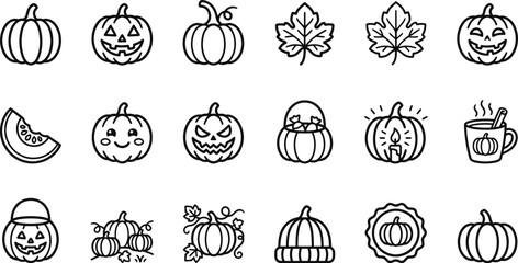 Halloween Autumn Outline Icon Set With Pumpkin, Jack O Lantern, Maple Leaf, Candy Bucket, Coffee Mug And Harvest Elements, Thin Line Vector Collection Isolated On White Background © GUPISHOR