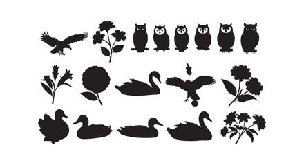 Obraz premium Set of silhouettes including various birds like eagles, owls, swans, and ducks alongside different flower designs.