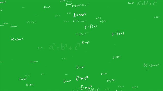 Mathematics formula background animation, scientific equations overlay, physics calculation symbols, educational algebra expressions, abstract academic chalkboard design, green screen