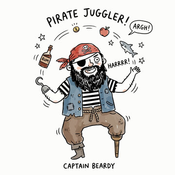 Bearded pirate juggler character throwing objects in air.