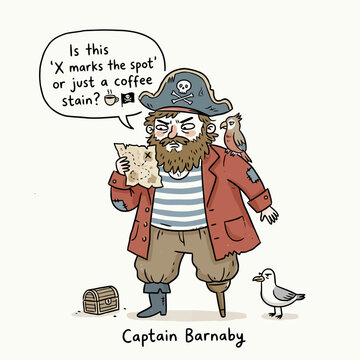 Confused pirate captain barnaby reading a mysterious map.