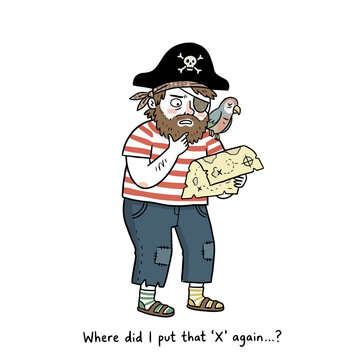 Confused bearded pirate looking at treasure map with green parrot and bicorne hat.