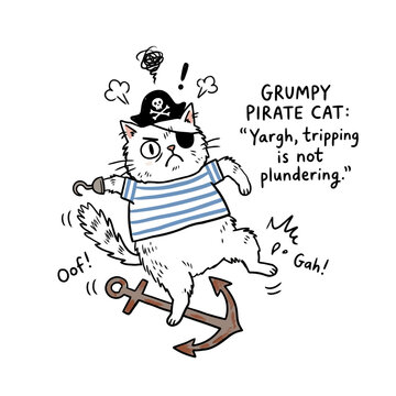 Grumpy pirate cat with hook tripping over iron anchor.
